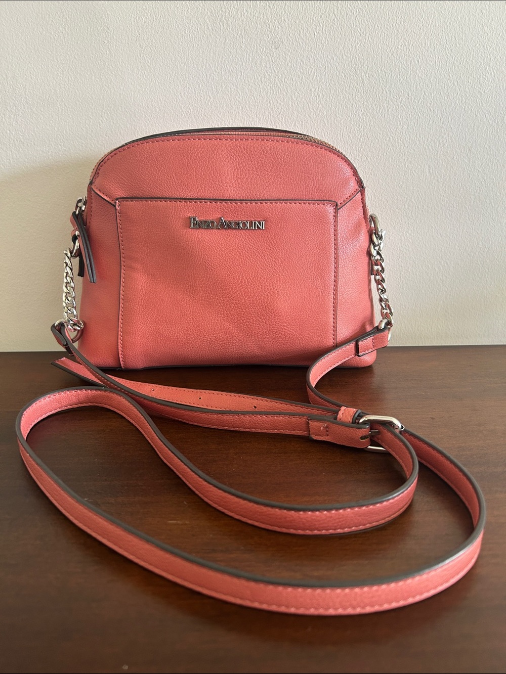 Vtg. Enzo Angiolini cross-body bag, coral pink, 26.5” strap drop, preppy purse.